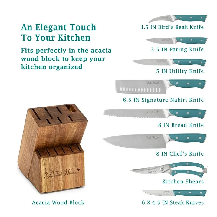 Juego de cuchillos de 14 piezas con base de madera. Disponible en turquesa y acero inox. The Pioneer woman