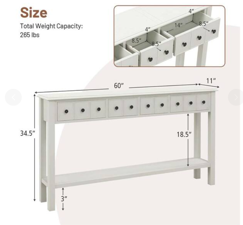 Mesa de entrada blanca con cajones. 152 × 28 × 88 cm , estante abierto – Costway