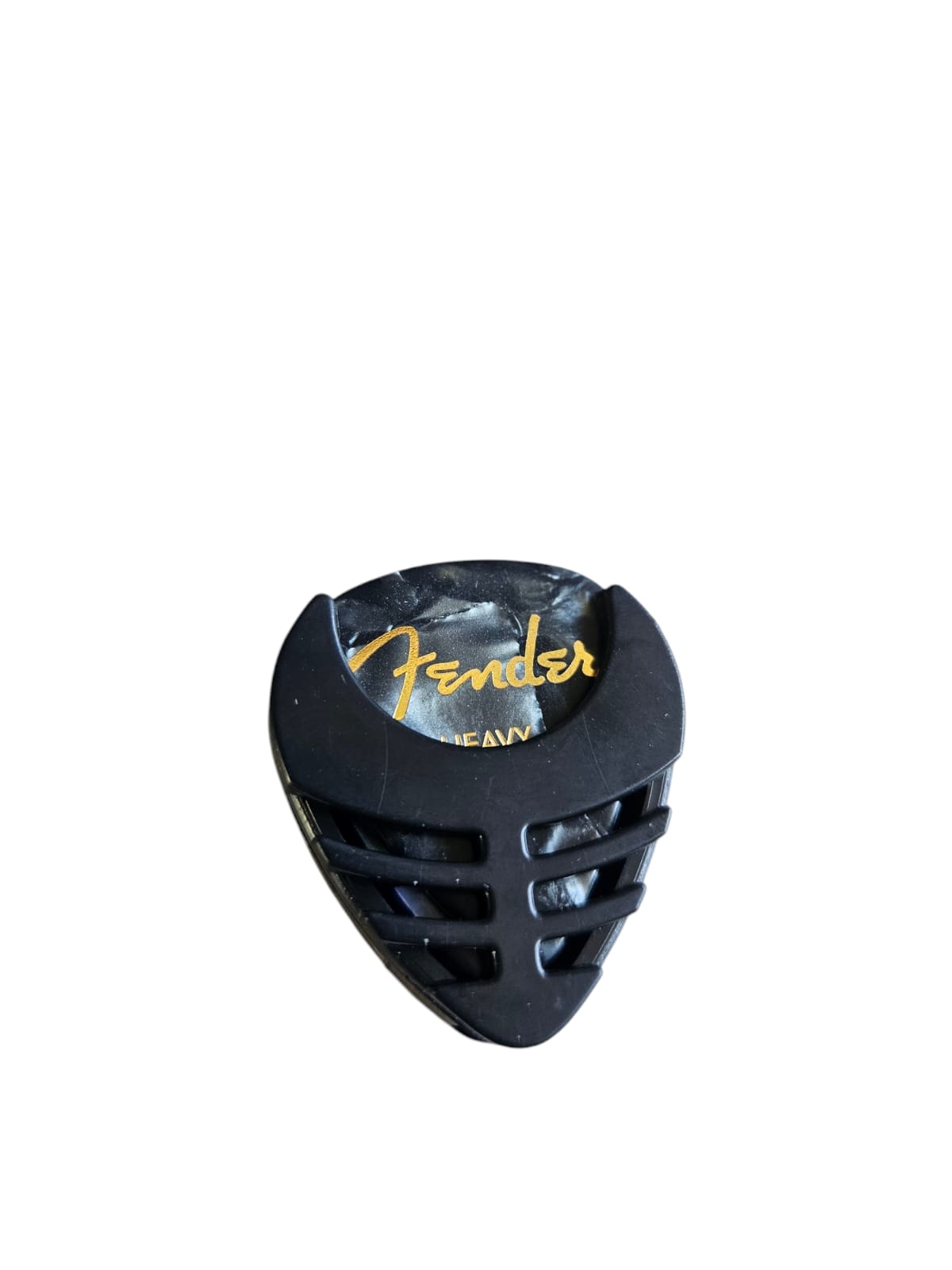 Portapúas con 3 púas Fender de diferentes calibres (delgado, medio y dura) para guitarra.