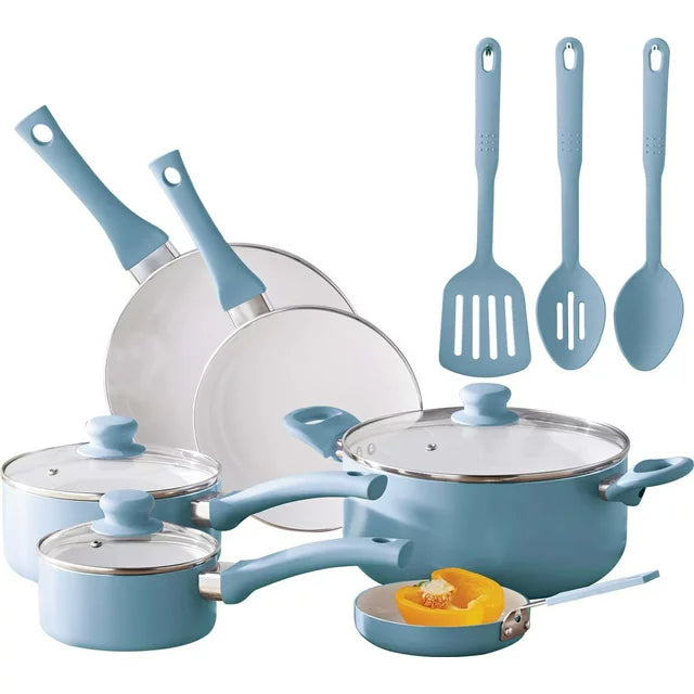 Juego de ollas, sartenes y utensilios, ceramica antiadherente, color turquesa 12 piezas. Mainstays