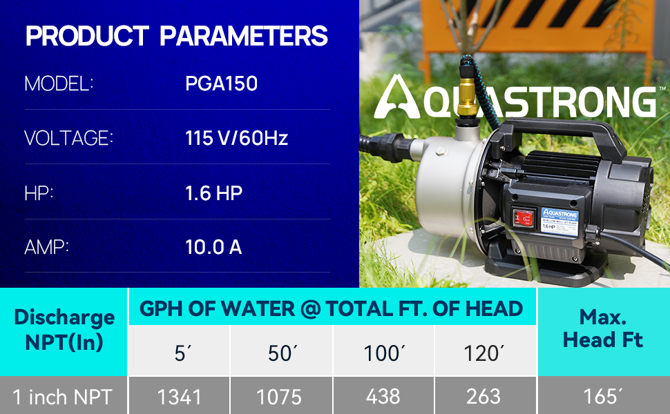 Bomba portatil para riego de 1.6 HP, 1320 GPH, 115 V, de pozo poco profundo. Aquastrong