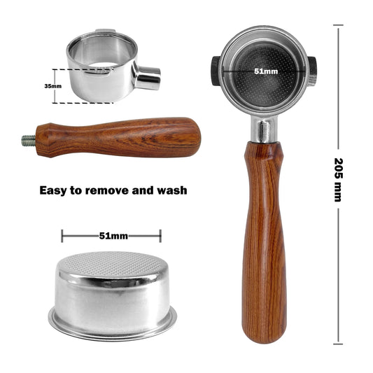 Portafiltro para máquinas de capuccino y espresso de 51mm, 2 orejas, bottomless (sin base), con mango de madera. NEOUZA