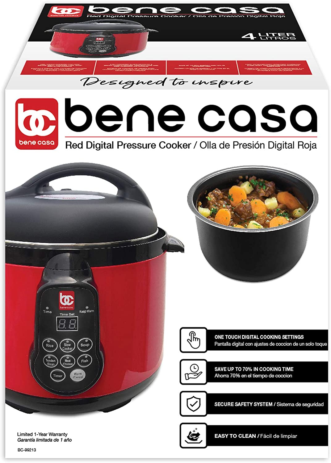 Olla multifuncional de 4 litros de acero inóxidable roja. Bene Casa
