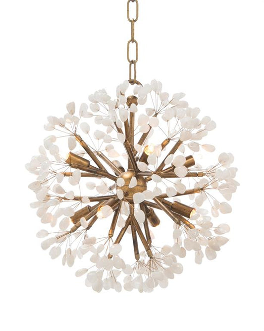 Lámpara de lujo bañada en oro y rodeada de cuarzos. (Ceres Chandelier by John-Richard)