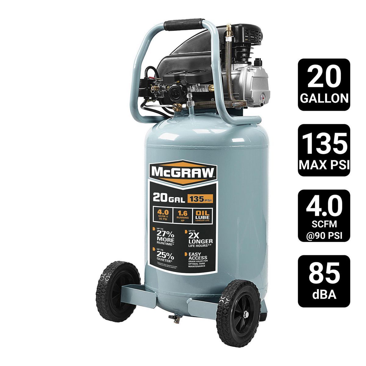 Compresor de Aire Vertical,  de 20 gal (≈76 L) – 135 PSI. MCGRAW