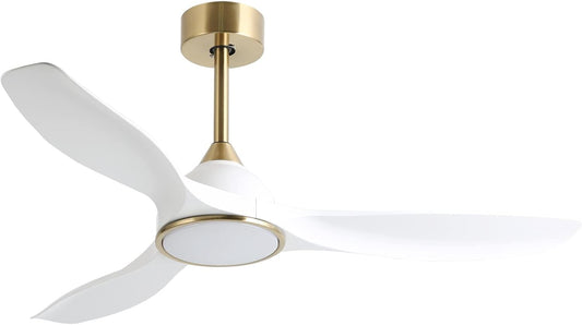Ventilador de techo moderno de 1.32m, con control, reversa, luz y 6 velocidades.Blanco con dorado. Fanliving