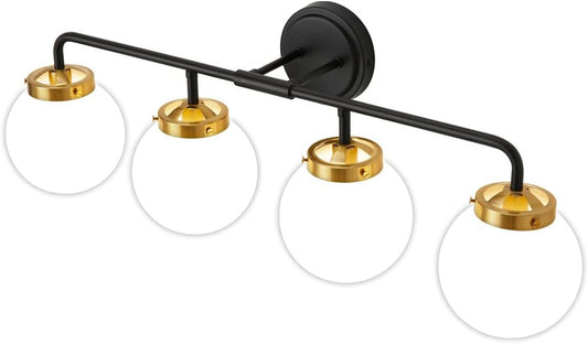 Lampara de 4 luces con globos de vidrio blanco, para baño, tocador ó dormitorio.