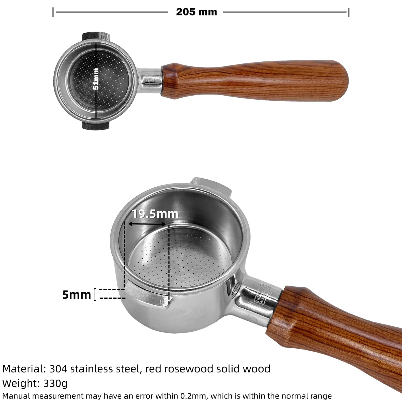 Portafiltro para máquinas de capuccino y espresso de 51mm, 2 orejas, bottomless (sin base), con mango de madera. NEOUZA