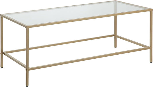 Mesa de centro rectangular, con vidrio temperado y marco de metal dorado. 111cms x 52.7cms x 45.4cms