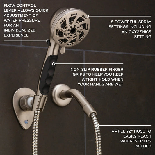 Ducha de mano de níquel cepillado con 5 modos. Oxigenics pure shower genius
