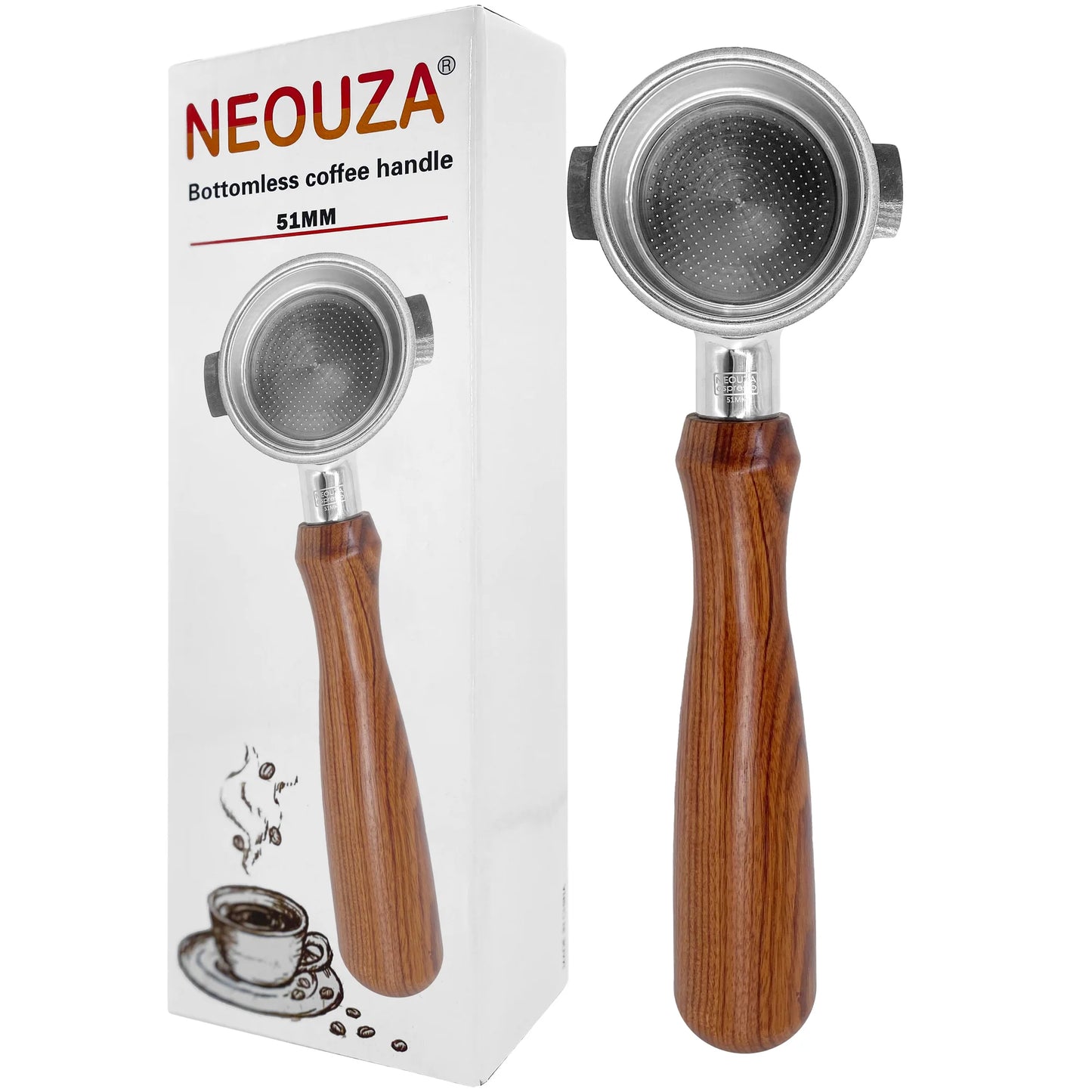 Portafiltro para máquinas de capuccino y espresso de 51mm, 2 orejas, bottomless (sin base), con mango de madera. NEOUZA