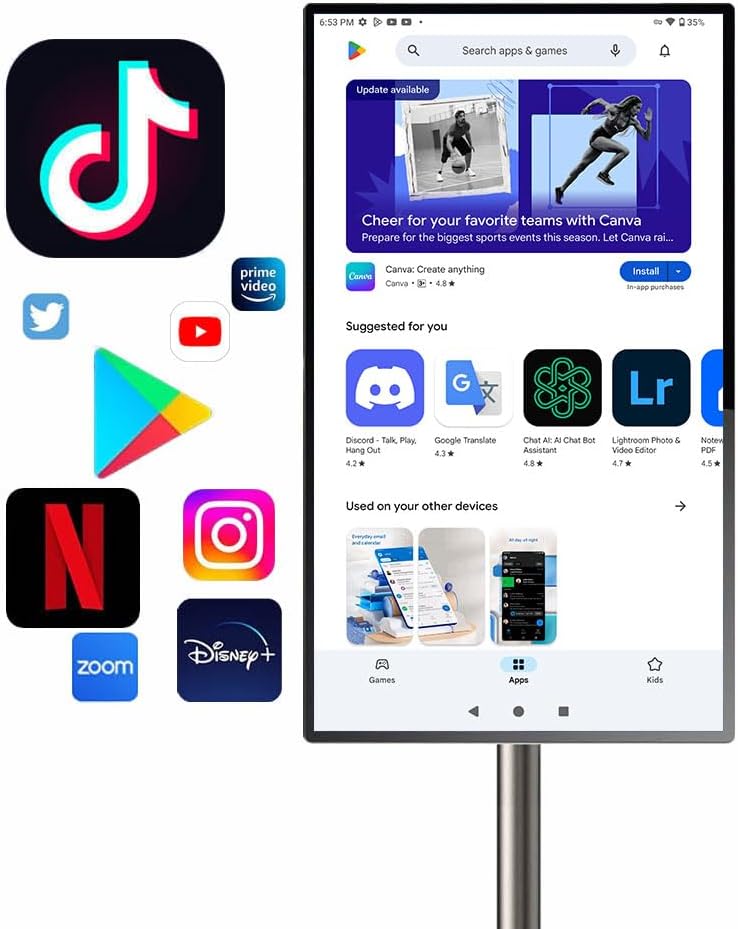 Tótem/Pantalla inteligente, táctil y móvil de 32″, UHD 4K Android 13, batería recargable. GTUOXIES