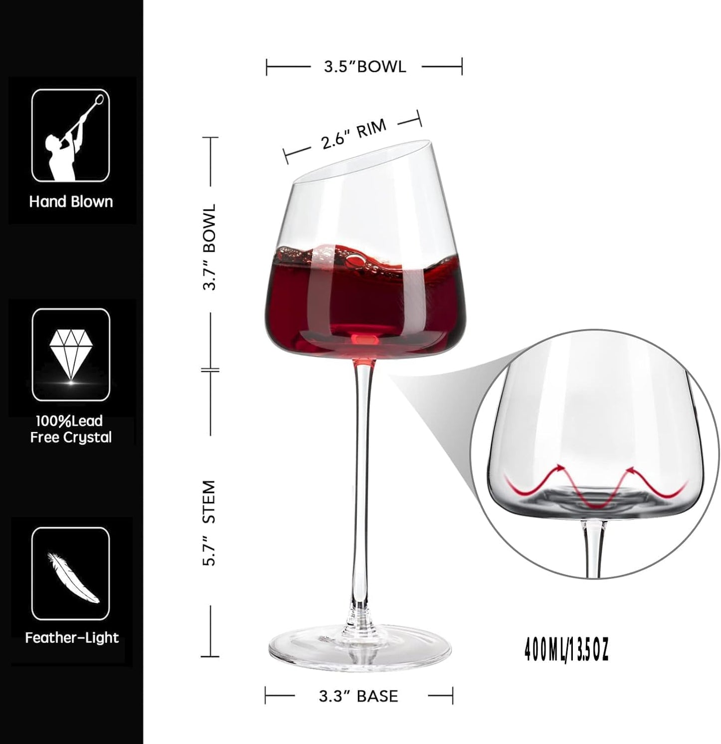 Juego de 3 copas de vino de cristal, elegantes de tallo largo sopladas a mano con base cóncava. IMPAGEL
