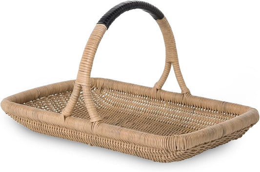 Canasto de mimbre bordeles natural 50.8 × 35.6 × 7.6 cm con asa envuelta en piel – KOUBOO