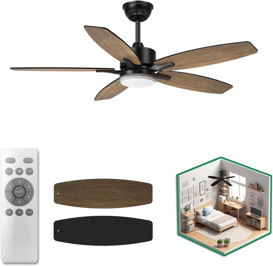 Ventilador de techo, con luz, control remoto, reversa y 6 velocidades. Negro ó café