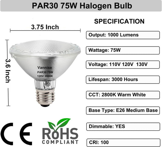Juego de 6 bombillos halogenos, regulables,blanco calido 2800K, 75W con base E26/E27