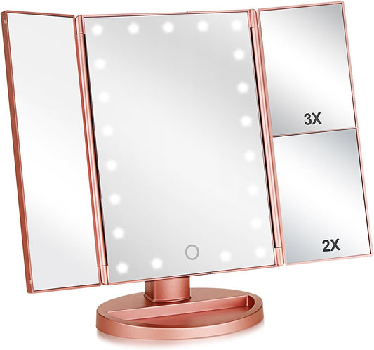 Espejo de maquillaje portátil con iluminación rotación y aumento.