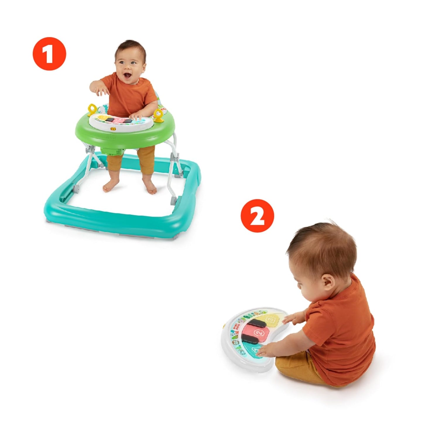 Caminadora para bebés 2-en-1 Tiny Trek Jungle Vines, altura ajustable y piano desmontable – Bright Starts