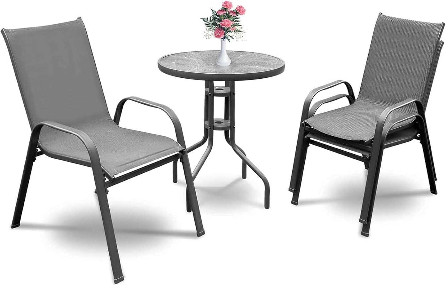 Juego de 2 sillas y mesa de centro para patio, marco de metal, mesa con superficie de vidrio templado.