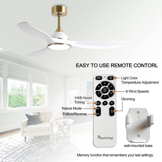 Ventilador de techo moderno de 1.32m, con control, reversa, luz y 6 velocidades.Blanco con dorado. Fanliving