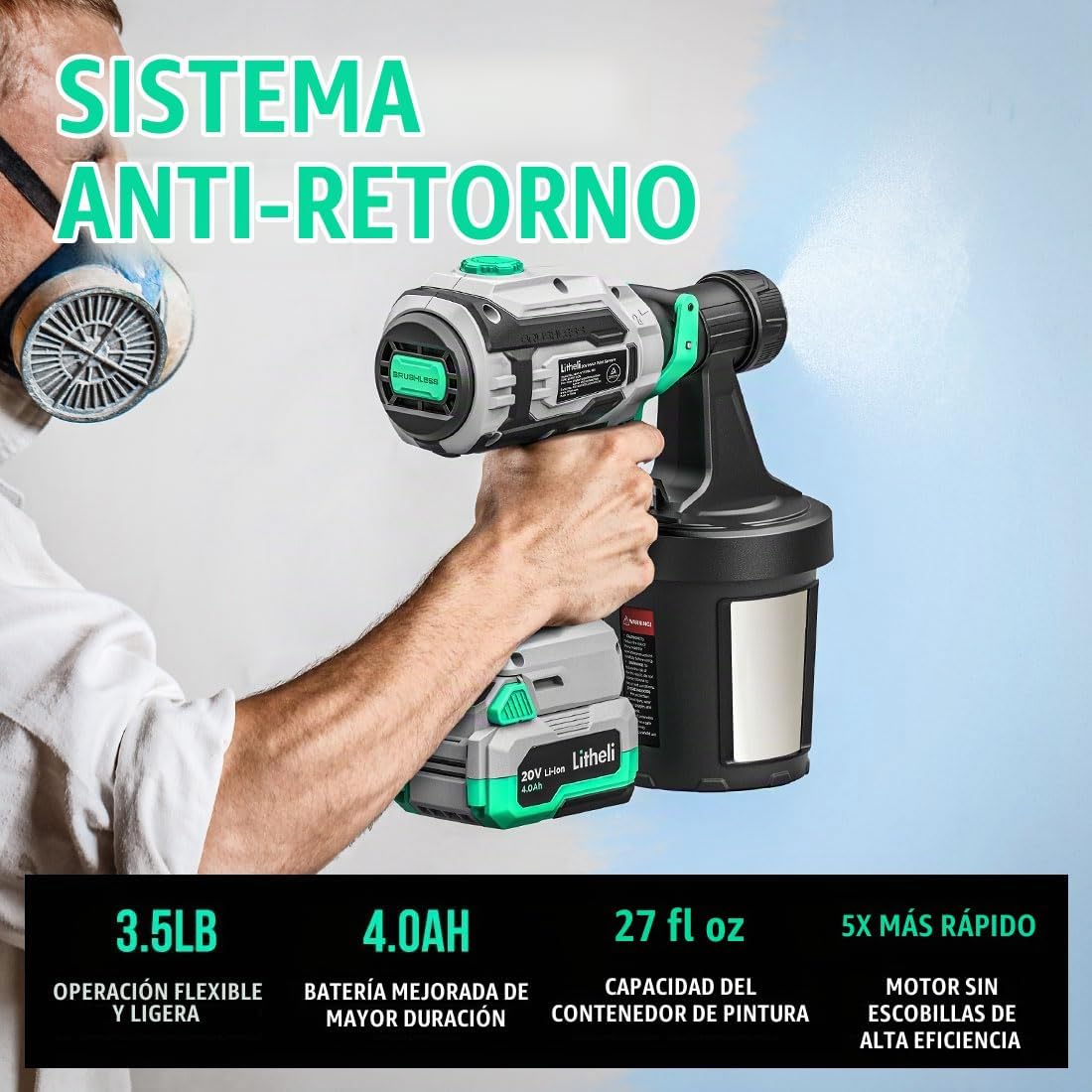 Pistola de Pintura Inalámbrica 20V Brushless, Litheli