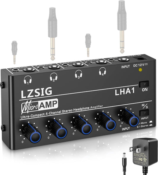 Amplificador de audifonos/divisor de audifonos de 4 canales, con entradas 3.5  y TRS 1/4 de bajo ruido