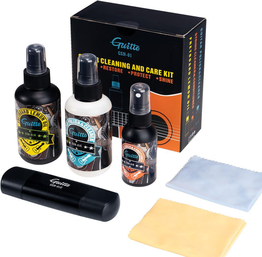 Kit todo en uno para limpieza de guitarras para limpiar, restaurar, proteger y pulir.