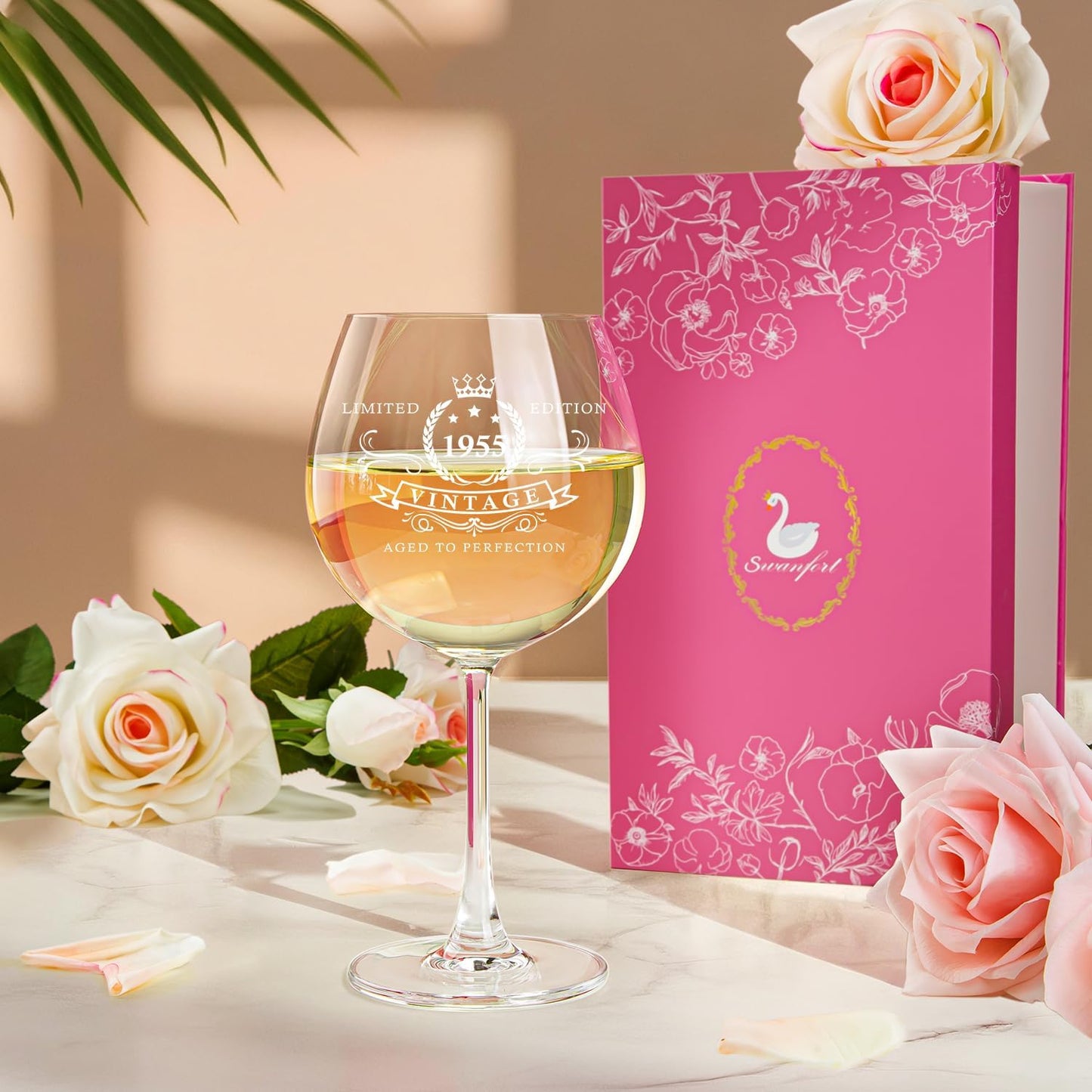 Copa de vino para regalo de cumpleaños para mujeres nacidas en 1955, con embalaje de lujo. Swanfort