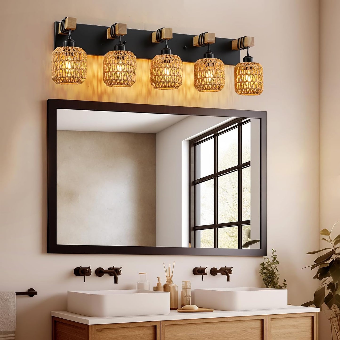 Lámpara de baño 5 luces rústica madera y mimbre estilo farmhouse – Vanity Wall Light
