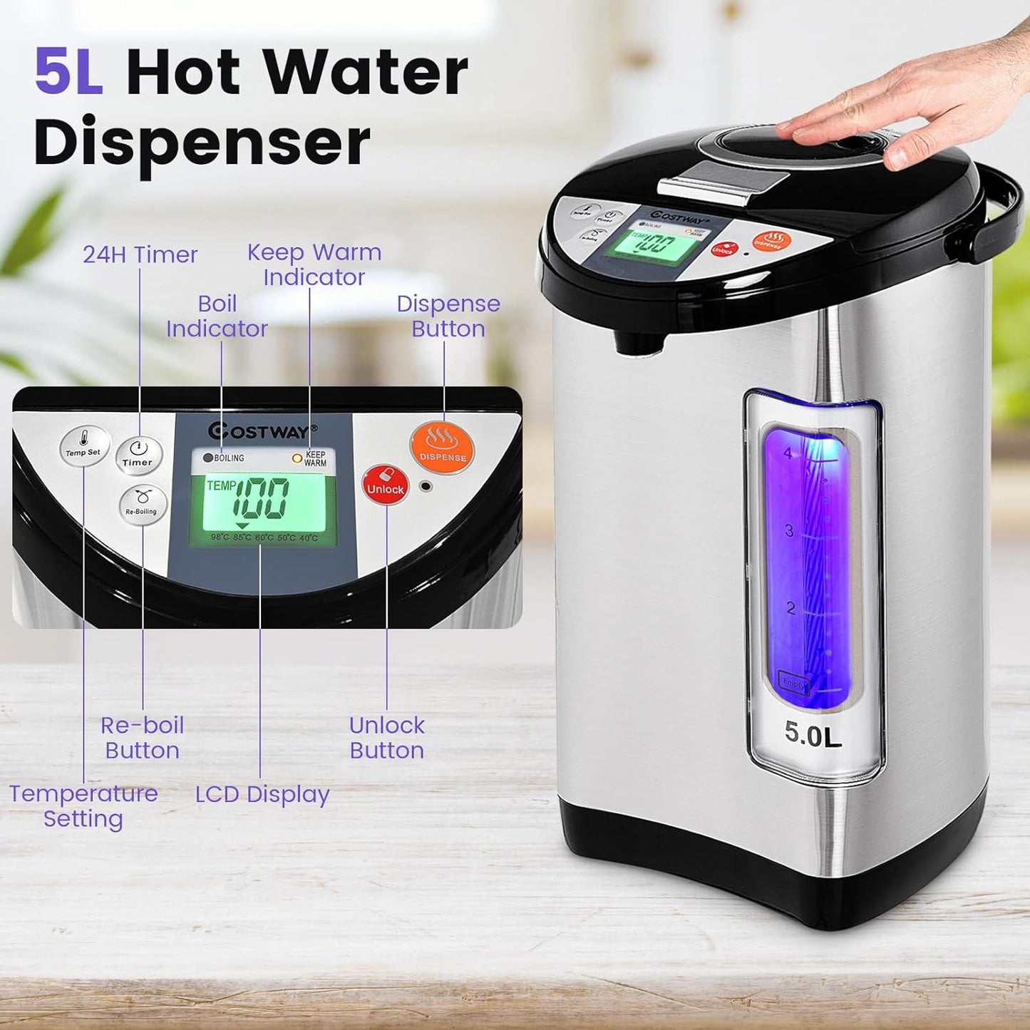 Dispensador de Agua Caliente Eléctrico COSTWAY 5 L – Hervidor con Control de Temperatura