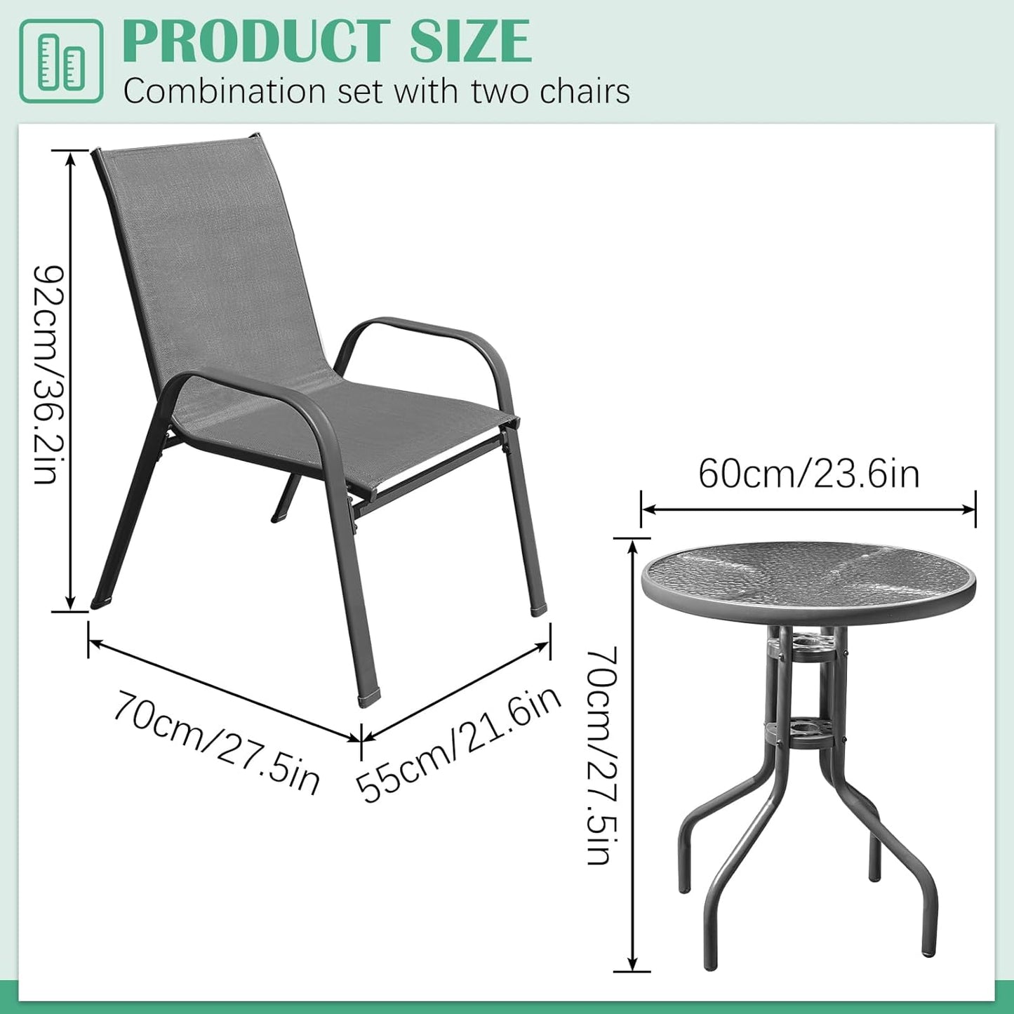 Juego de 2 sillas y mesa de centro para patio, marco de metal, mesa con superficie de vidrio templado.