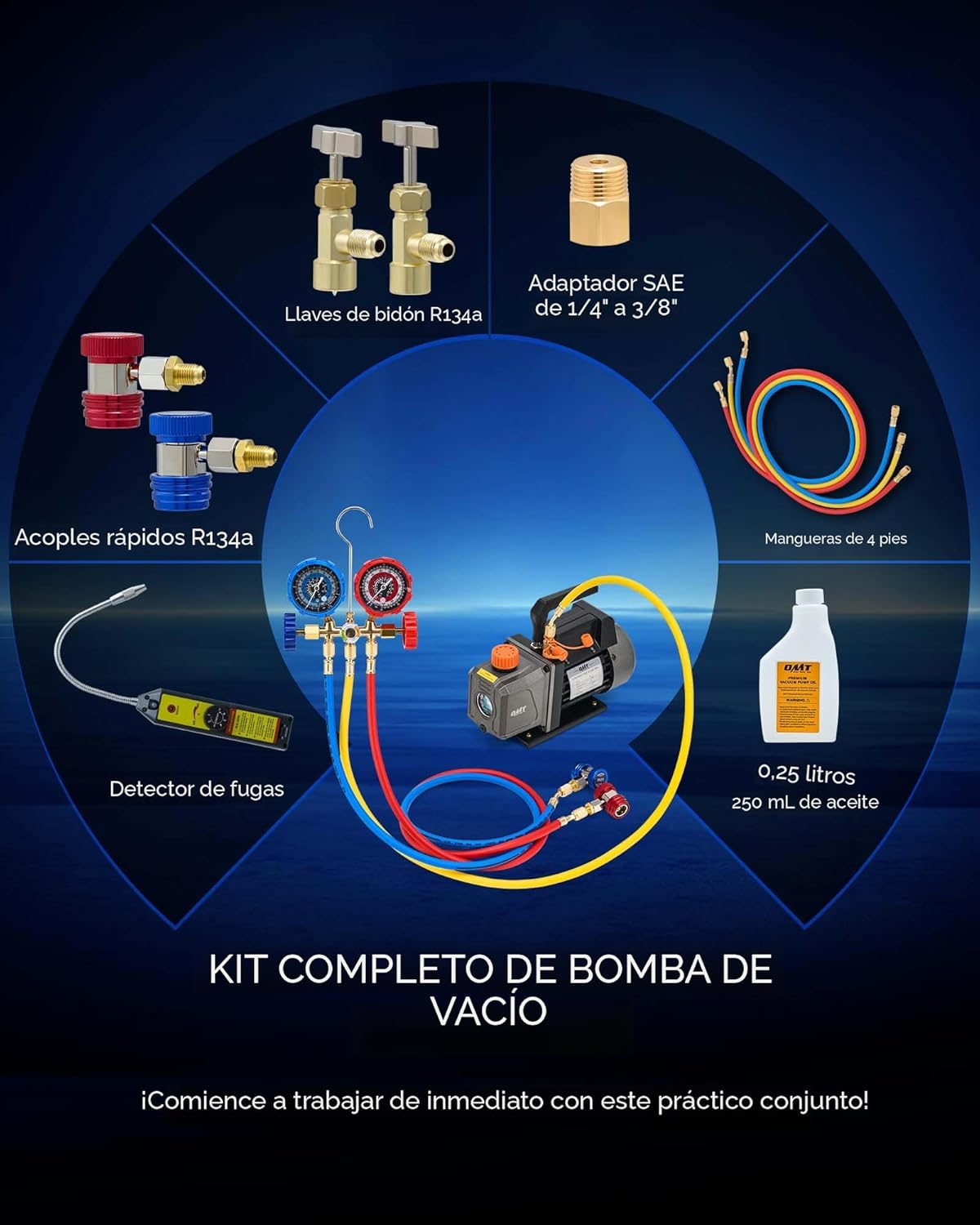 Kit para reparación de aires acondicionados,  bomba de vacío, medidor de CA, kit de manómetro de bomba de vacío de 1/3 hp 4 cfm con detector de fugas