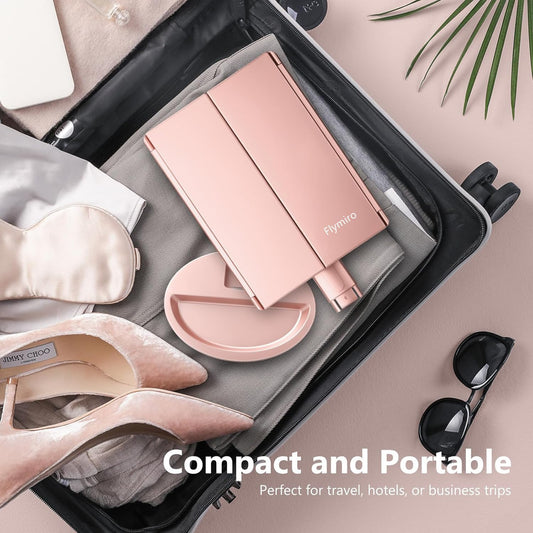 Espejo de maquillaje portátil con iluminación rotación y aumento.