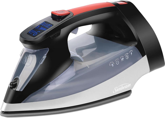 Plancha de vapor de 1700W digital para ropa, con 11 ajustes de calor , con cable retráctil. Sunbeam