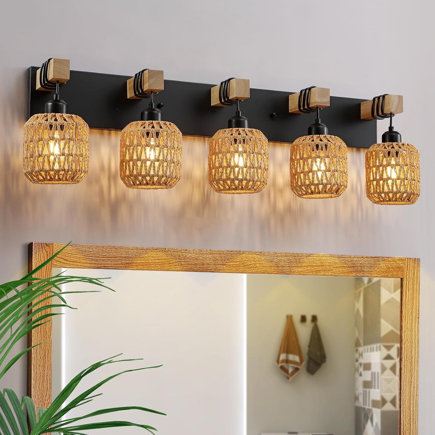Lámpara de baño 5 luces rústica madera y mimbre estilo farmhouse – Vanity Wall Light