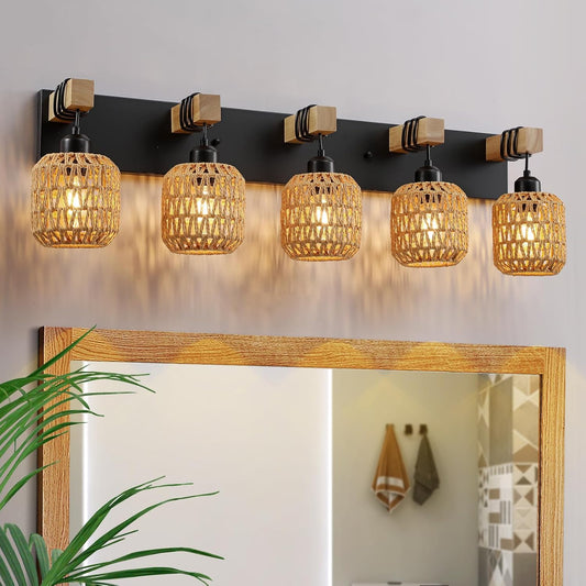 Lámpara de baño 5 luces rústica madera y mimbre estilo farmhouse – Vanity Wall Light