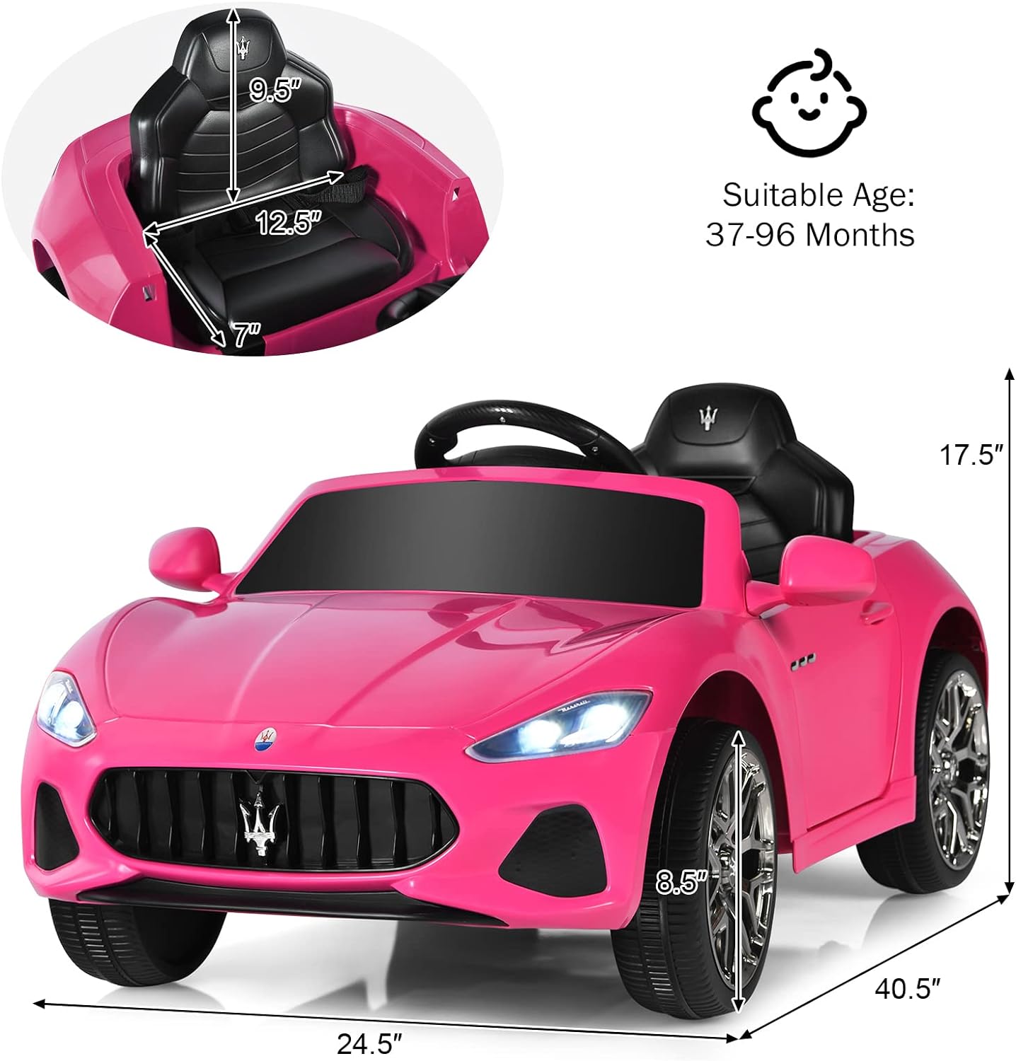 Auto eléctrico para niña, rosado con control remoto 12V 120×65×55 cm – Licenciado Maserati