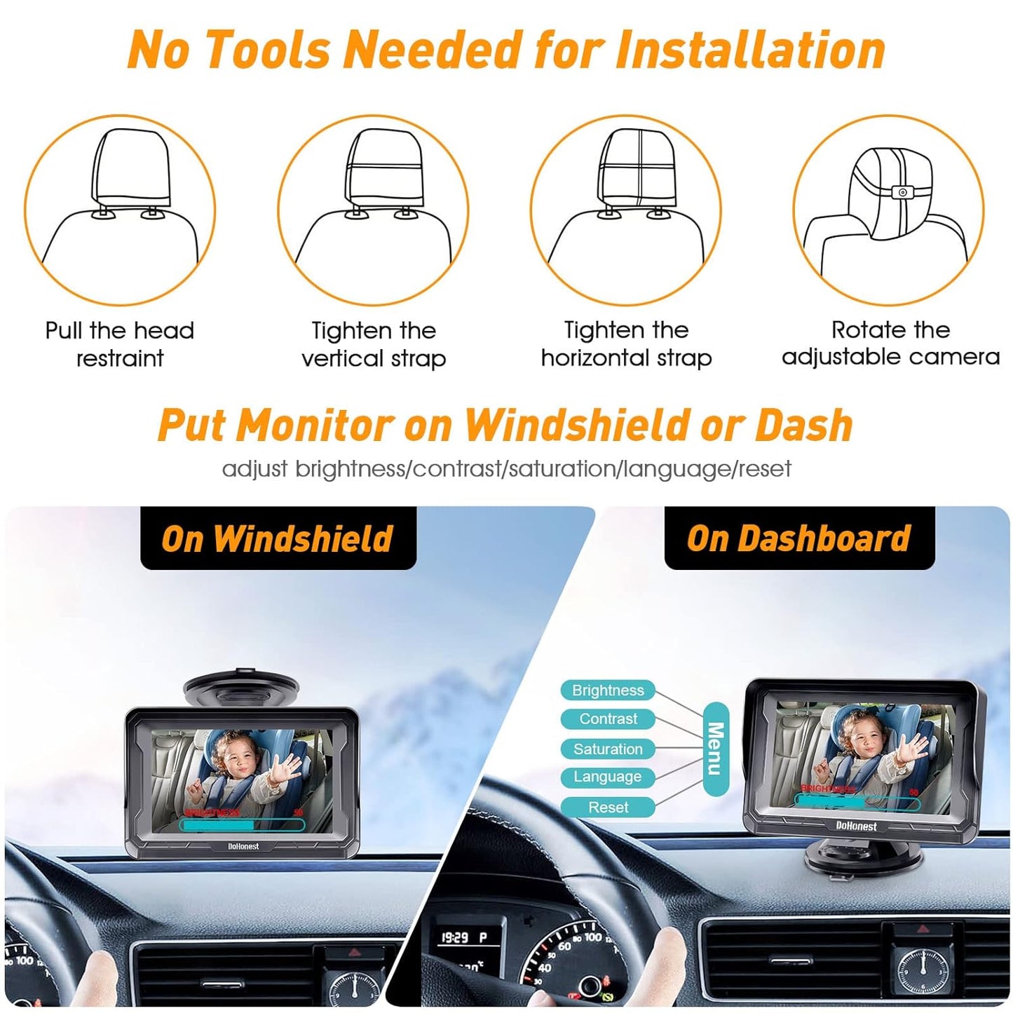 Cámara de Carro para Bebé 1080P – Monitor con Visión Nocturna para Silla Trasera. DoHonest