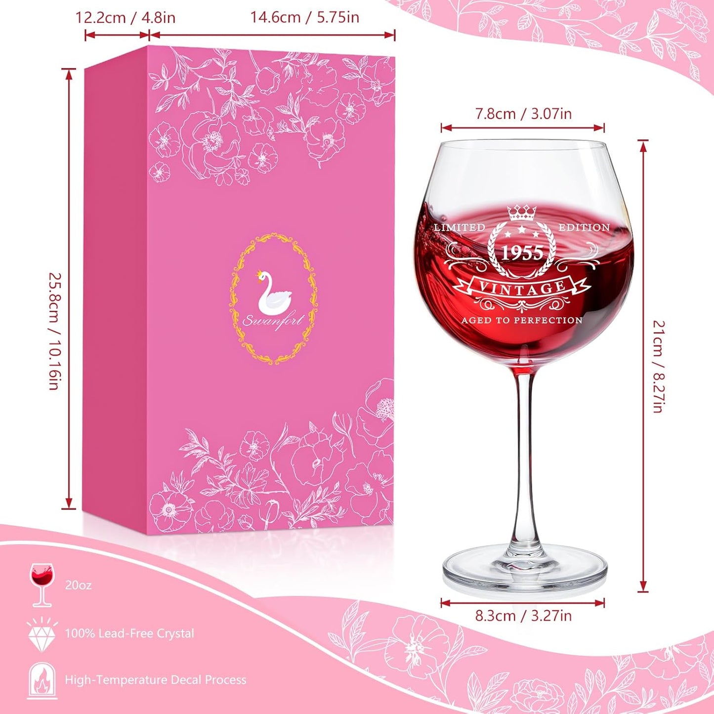 Copa de vino para regalo de cumpleaños para mujeres nacidas en 1955, con embalaje de lujo. Swanfort