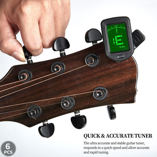 Afinador con clip para guitarra bajo, ukelele, violín y banjo.
