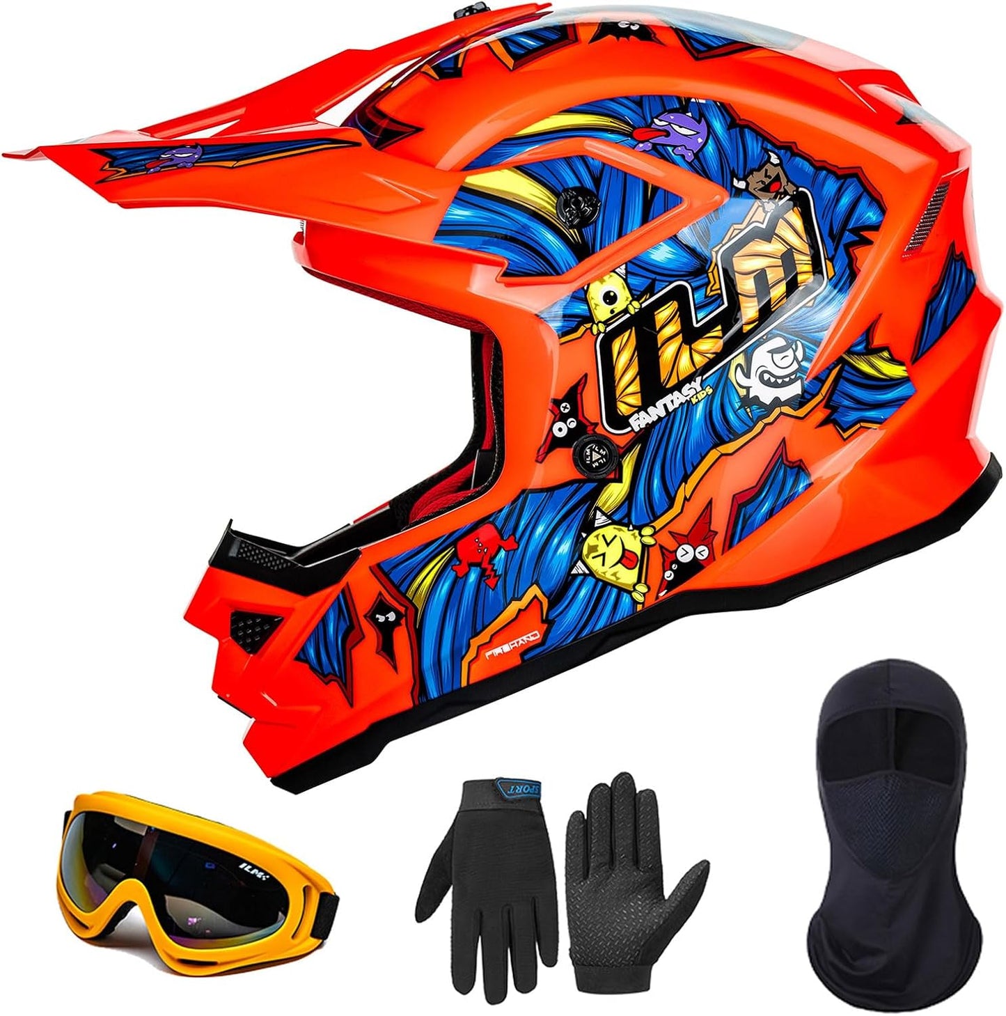 Casco de niño, para Moto, BMX, etc, incluye gafas, guantes y pasamontañas. DOT FMVSS No. 218 y ECE22.06.  ILM