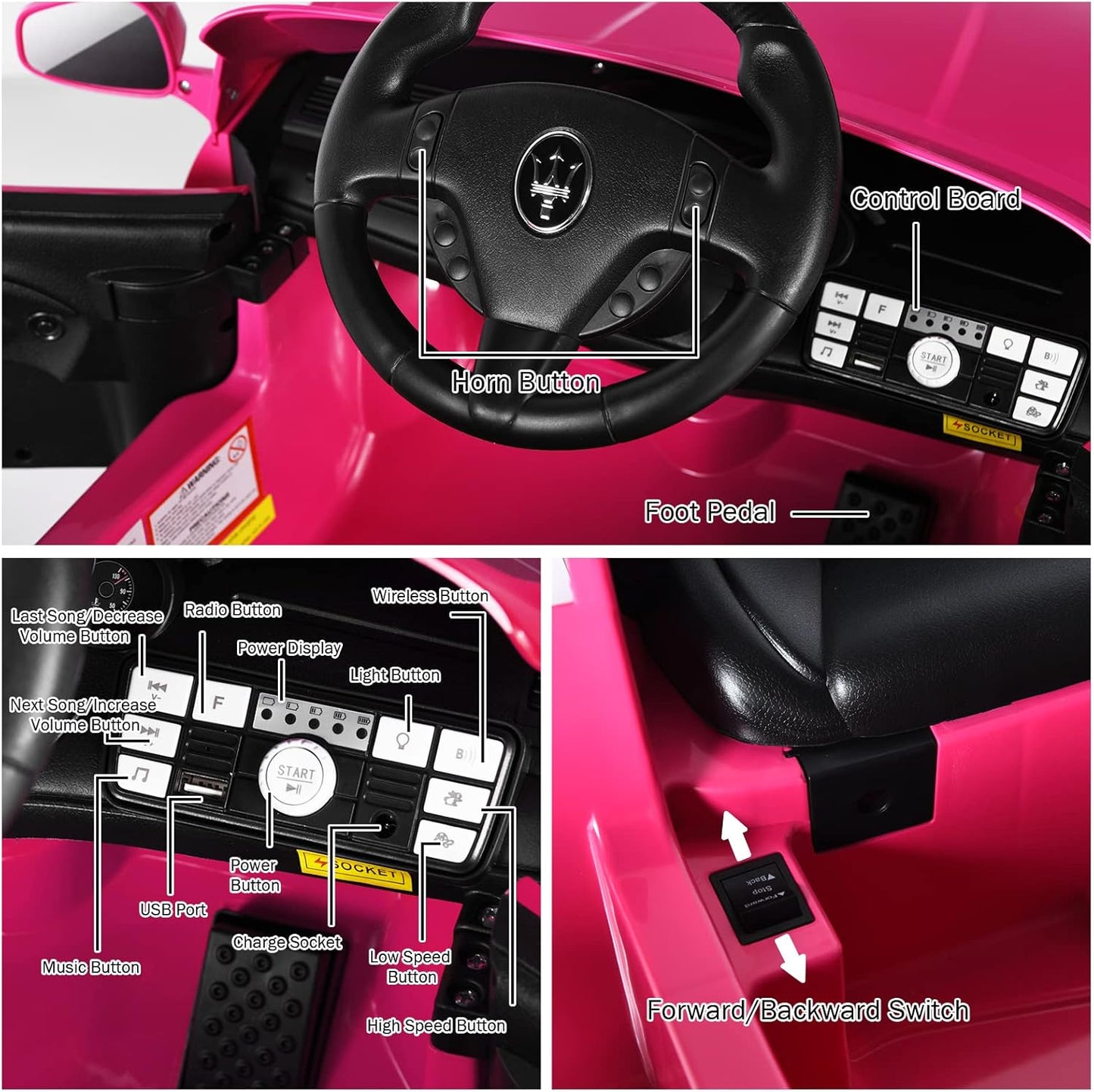 Auto eléctrico para niña, rosado con control remoto 12V 120×65×55 cm – Licenciado Maserati