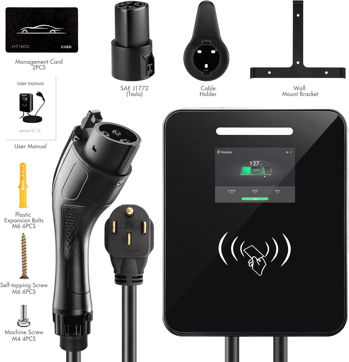 Cargador para vehículos eléctricos Nivel 2, 48A 240V 11,5 kW, con tarjeta y aplicacion movil