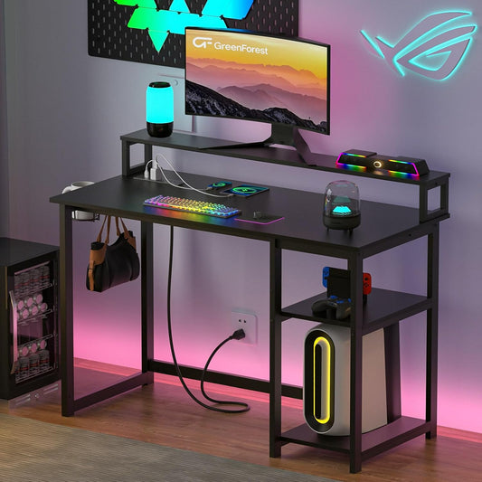 Escritorio moderno, con toma corriente y puertos de carga USB, 1.20m con soporte ergonómico para monitor