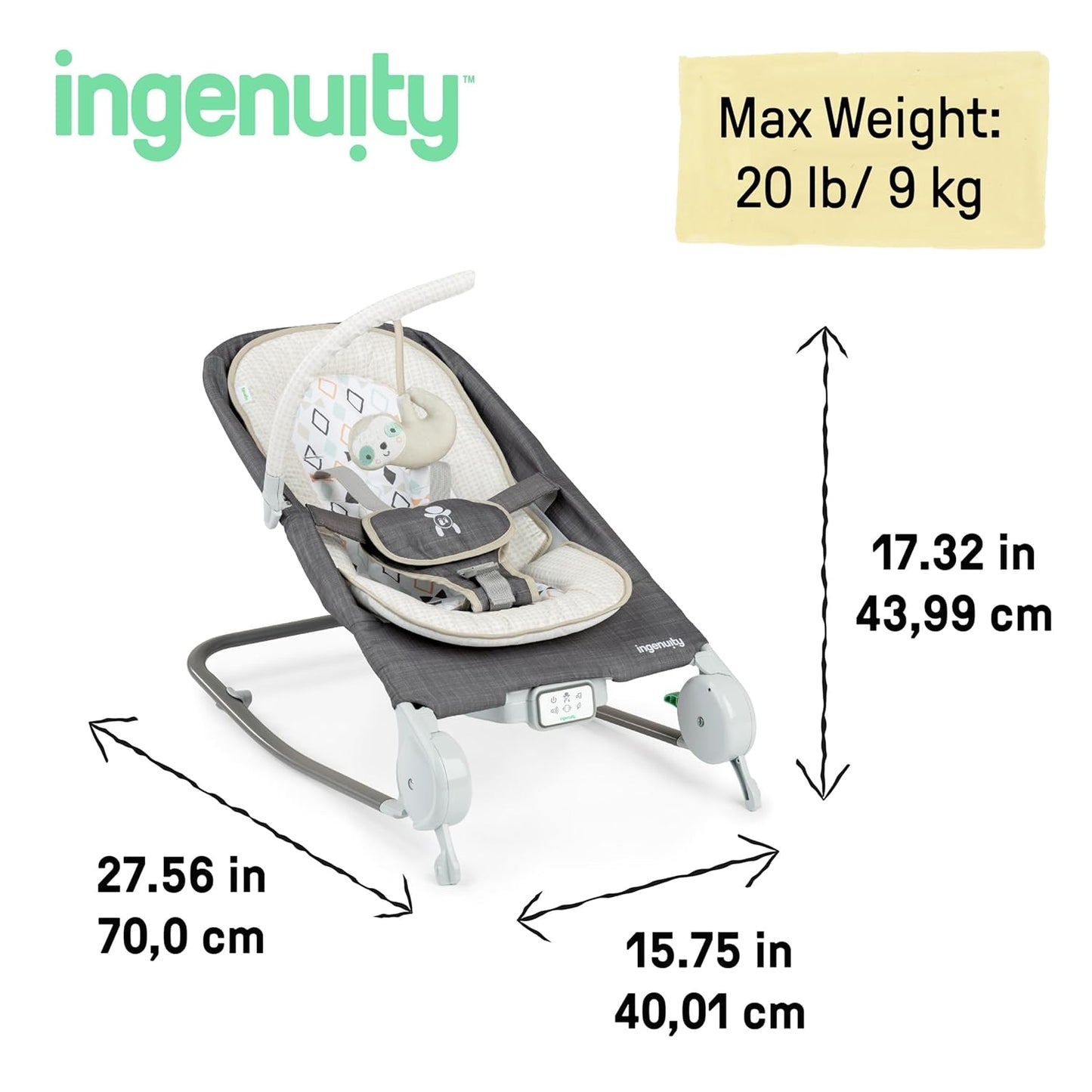 Balancín portátil Ingenuity Anti-Cólicos con Masaje de Barriga, Vibración y 20 Melodías