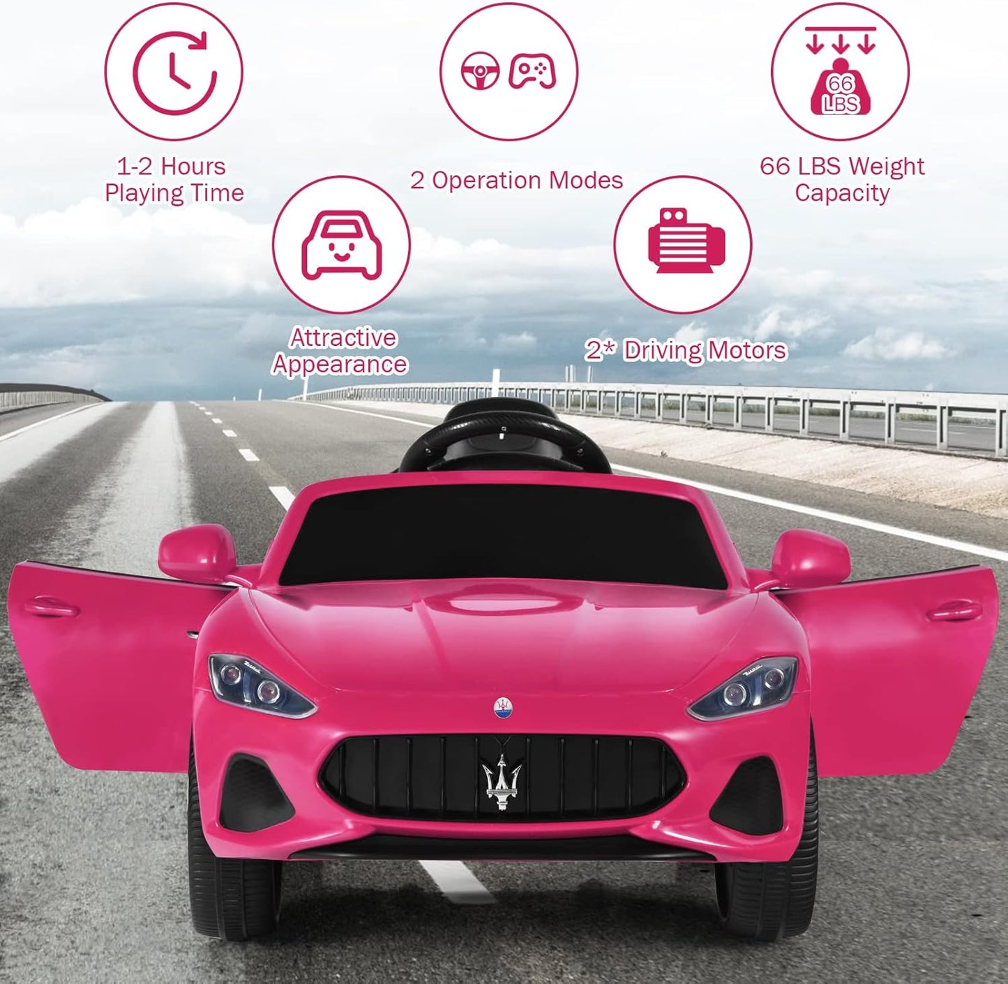 Auto eléctrico para niña, rosado con control remoto 12V 120×65×55 cm – Licenciado Maserati