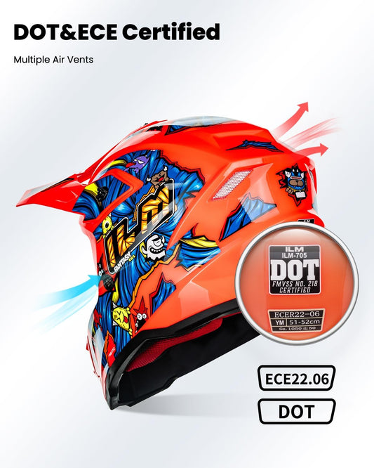 Casco de niño, para Moto, BMX, etc, incluye gafas, guantes y pasamontañas. DOT FMVSS No. 218 y ECE22.06.  ILM