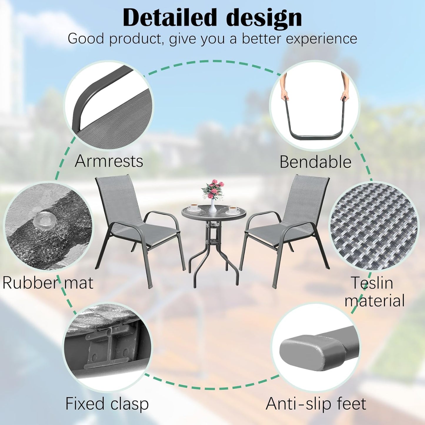 Juego de 2 sillas y mesa de centro para patio, marco de metal, mesa con superficie de vidrio templado.