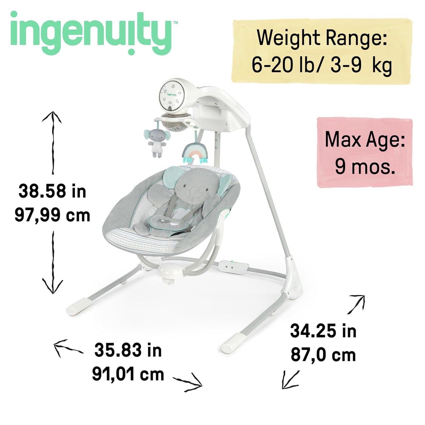 Columpio para Bebes Motorizado 5 Velocidades con Móvil Luminoso, Sonidos y Reclinable. Ingenuity InLighten