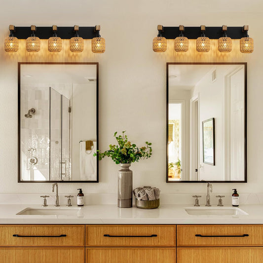 Lámpara de baño 5 luces rústica madera y mimbre estilo farmhouse – Vanity Wall Light